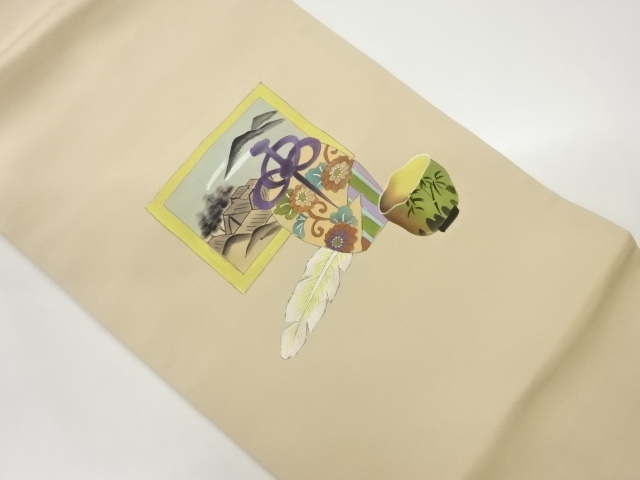 塩瀬手描き絵画に仕覆茶碗模様名古屋帯